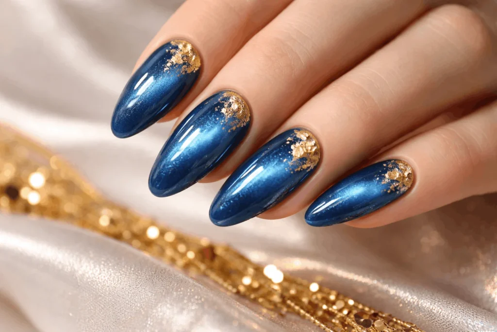  Blue cat eye nails with gold foil elegant design