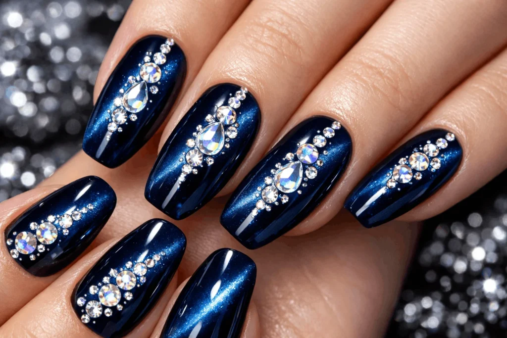 Blue cat eye nails with rhinestones luxury nail design