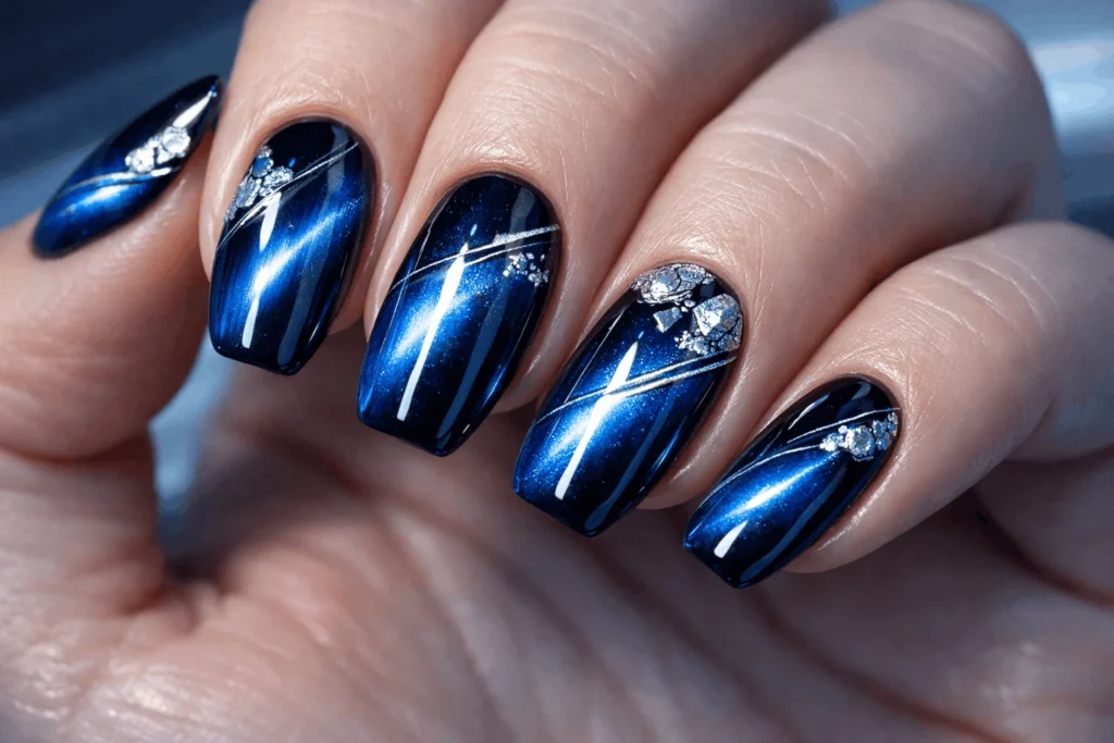 Blue magnetic cat eye nails with silver accents design