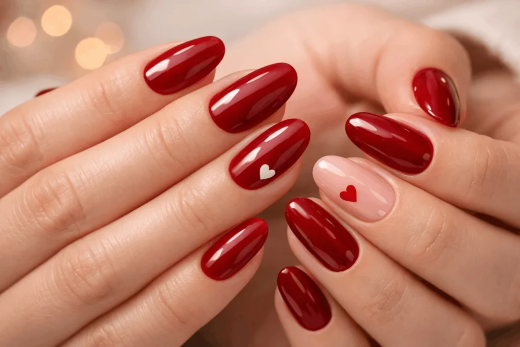  Classic red Valentine’s Day nails with heart accents
