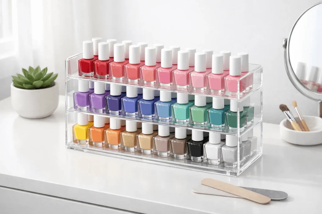  Clear acrylic nail polish organizer on vanity
