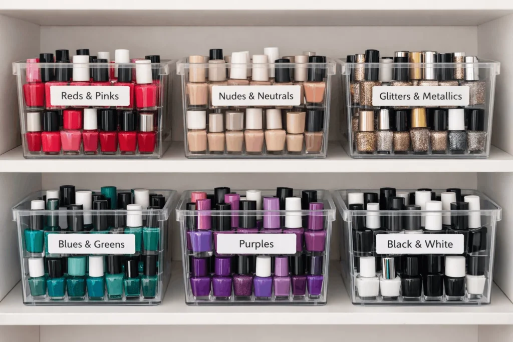  Clear bins organizing nail polish by color