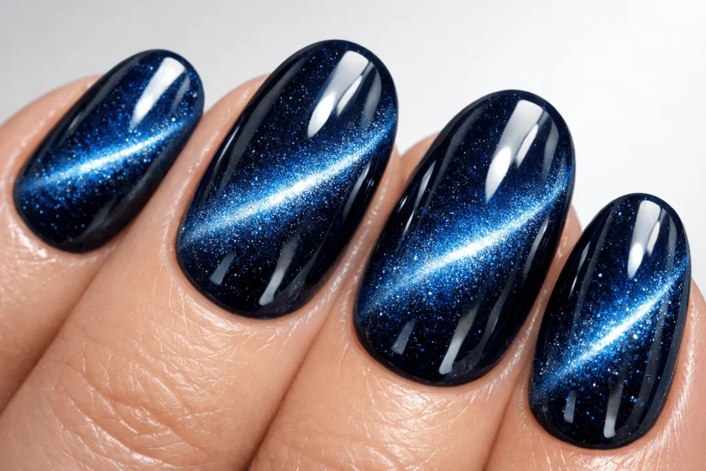  Close up blue cat eye nails magnetic effect detail