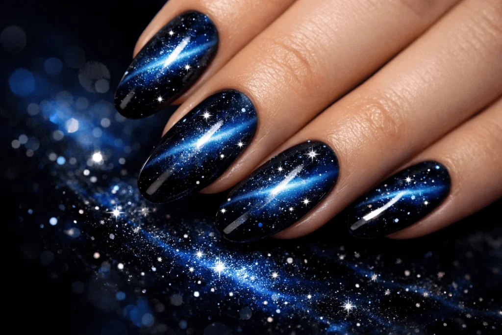  Galaxy blue cat eye nails cosmic nail art design