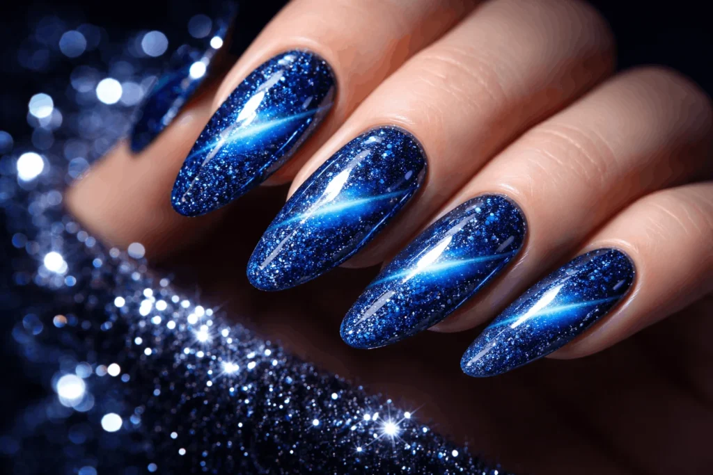  Glitter blue cat eye nails sparkling party manicure
