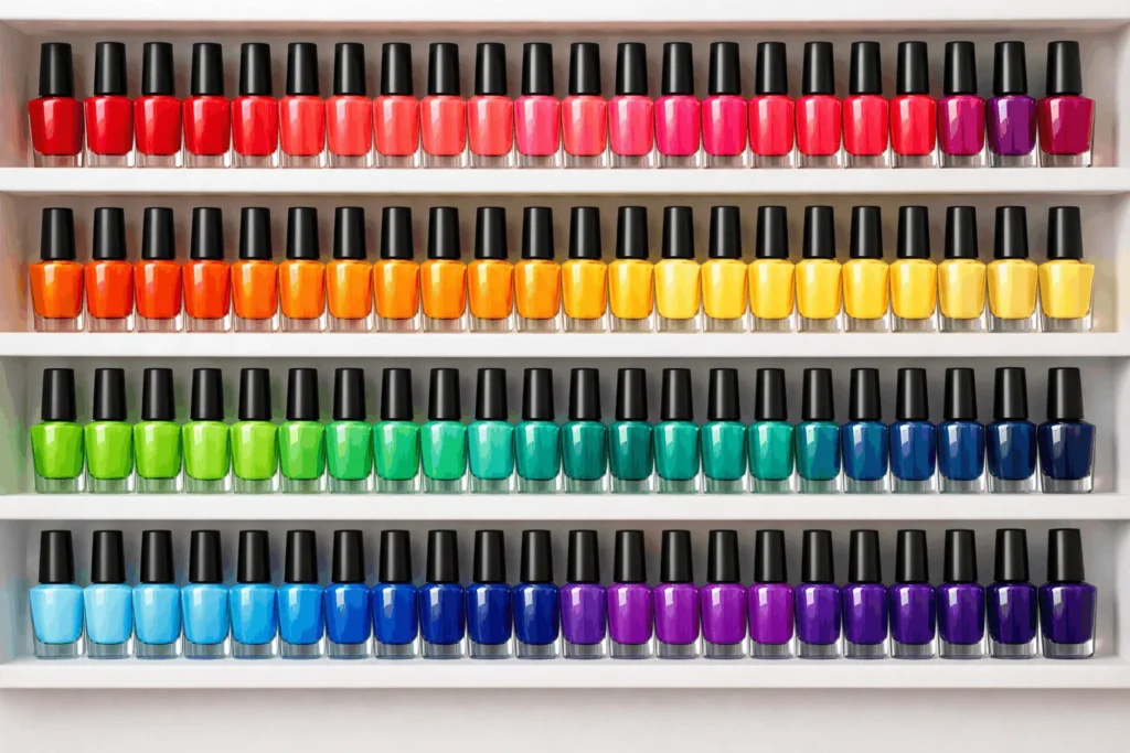  Nail polish arranged in color gradient order