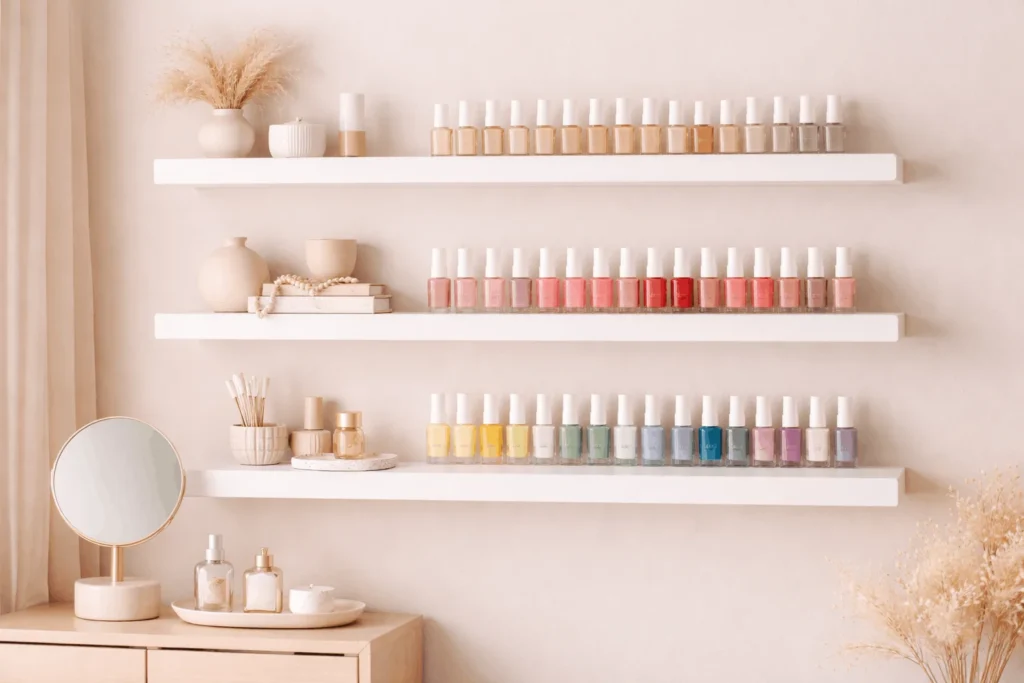  Nail polish displayed on floating shelves