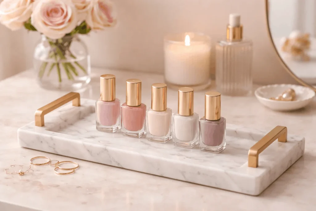  Nail polish displayed on luxury vanity tray
