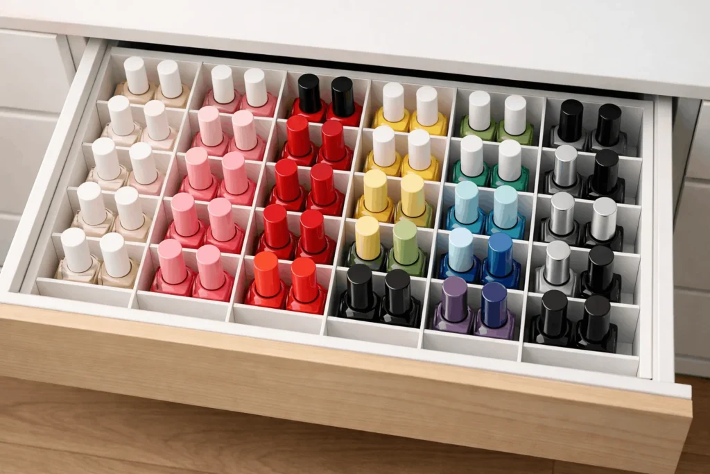 Nail polish organized inside drawer with dividers