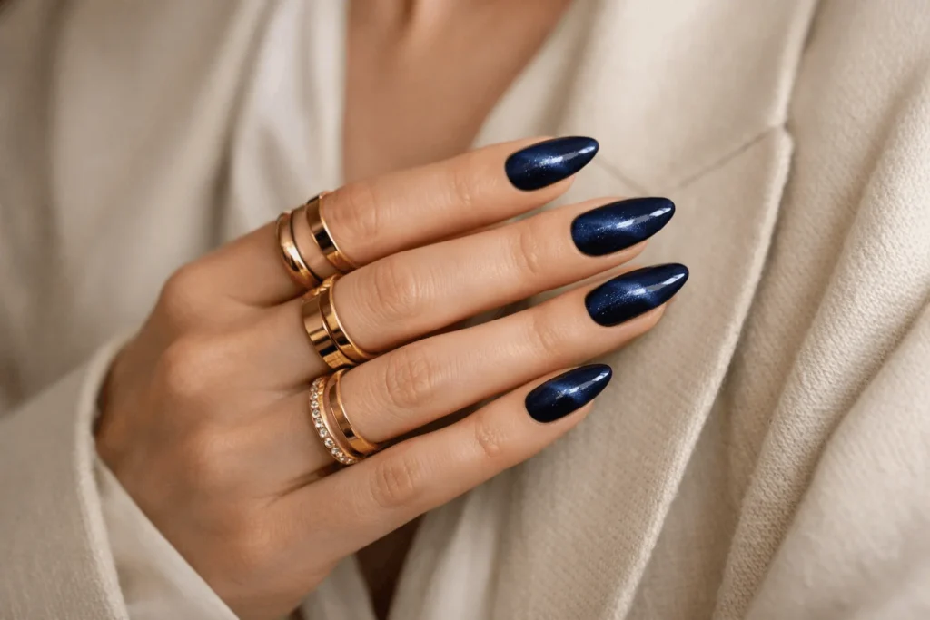 Navy blue cat eye nails with gold jewelry elegant look