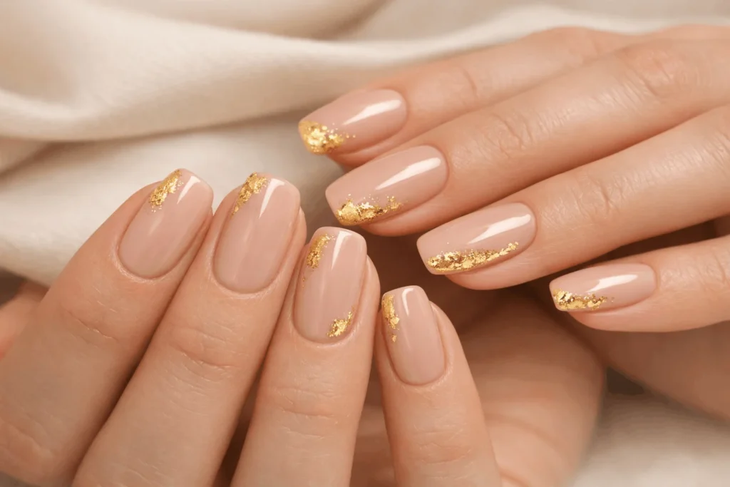 Nude nails with gold accents chic February design