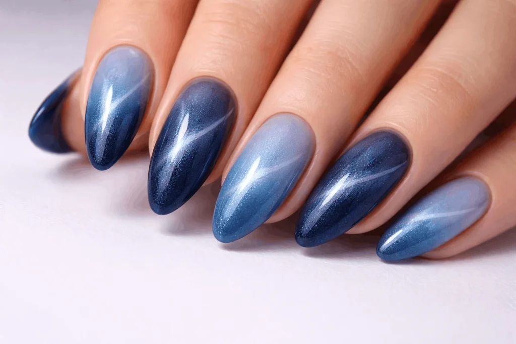 Ombre blue cat eye nails gradient magnetic design
