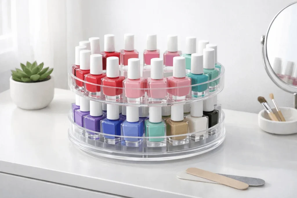 Rotating nail polish organizer on vanity table