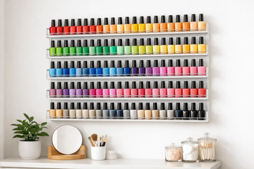  Wall mounted nail polish rack organized by color